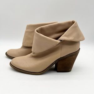 Lucky Brand Fold-over Leather Booties Ankle Boots Stacked Heel Nude Size 8.5